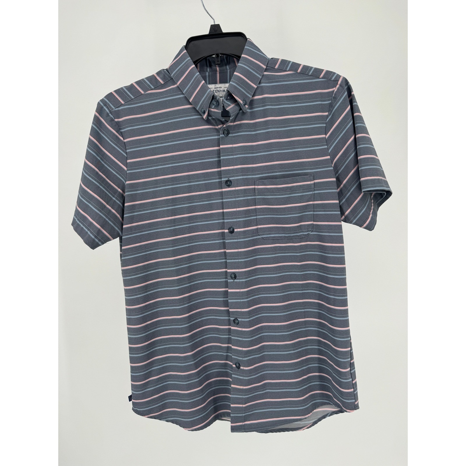 Mizzen+Main Shirt Large Mens Striped Gray Pink Button Up Short Sleeve Trim Fit